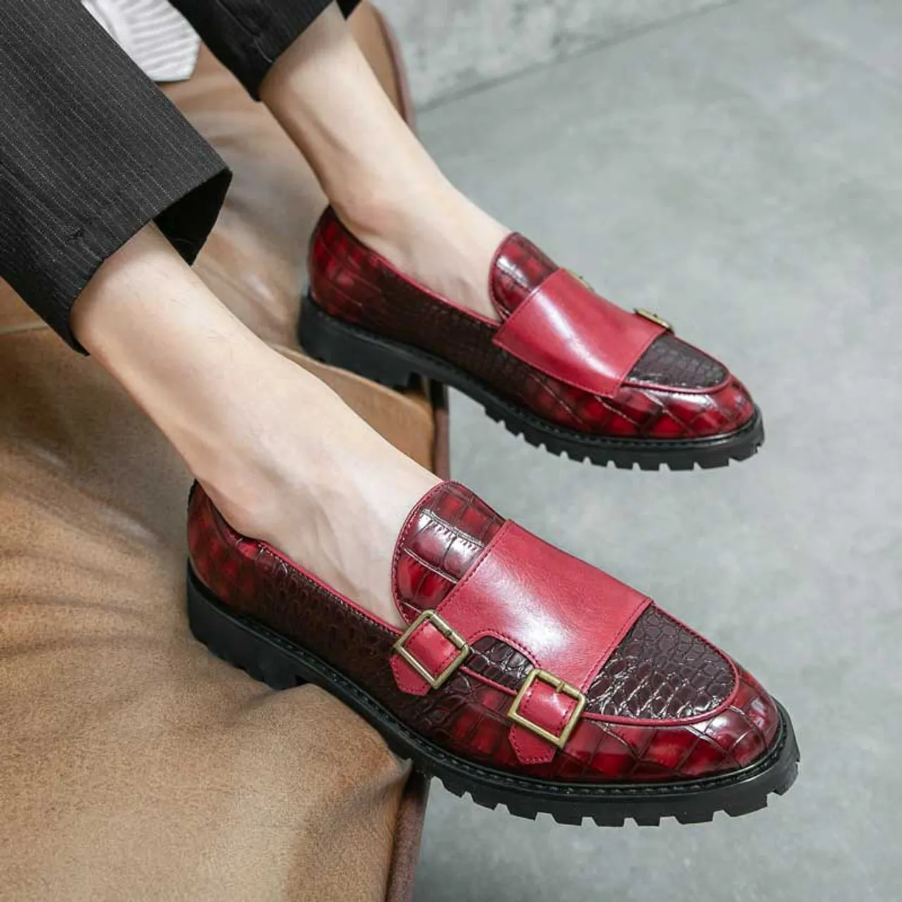 Red croc skin pattern monk strap slip on dress shoe 2695