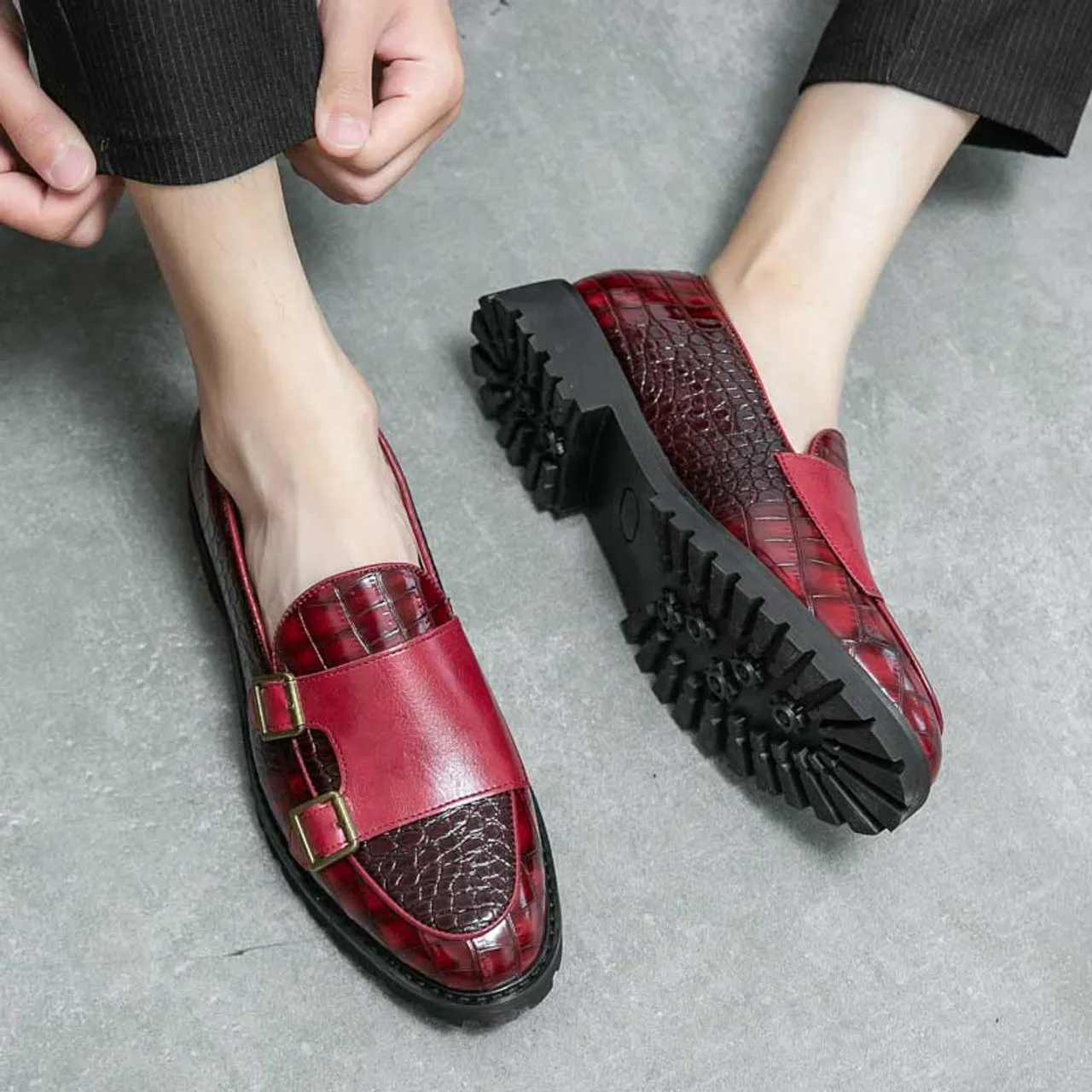 Red croc skin pattern monk strap slip on dress shoe 2695