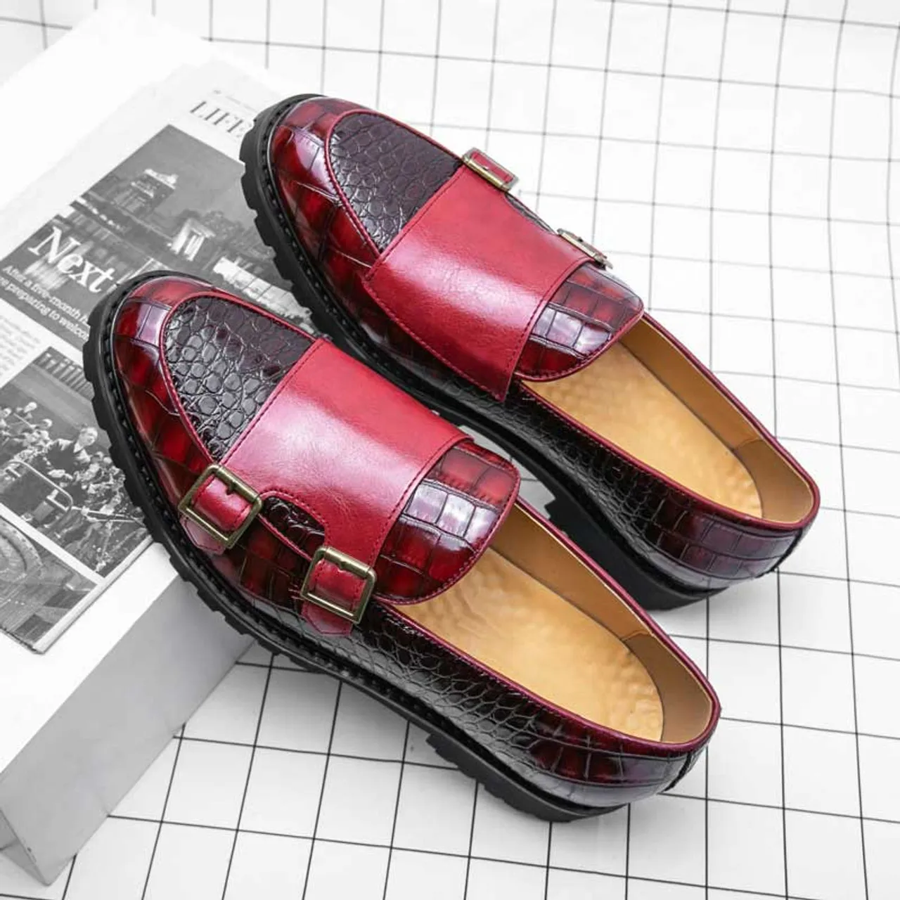 Red croc skin pattern monk strap slip on dress shoe 2695