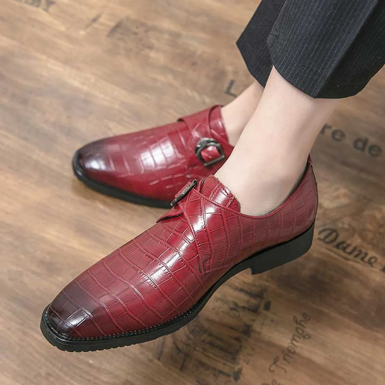 Red retro monk strap croc skin pattern slip on dress shoe