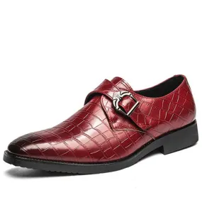 Red retro monk strap croc skin pattern slip on dress shoe