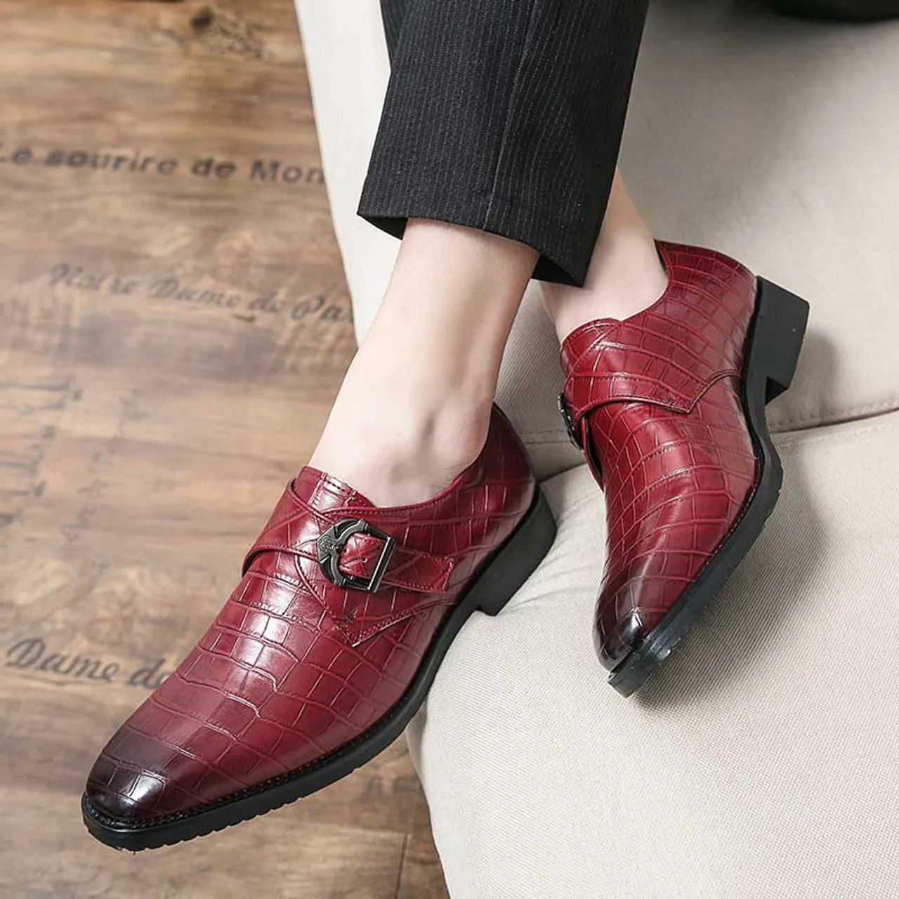 Red retro monk strap croc skin pattern slip on dress shoe