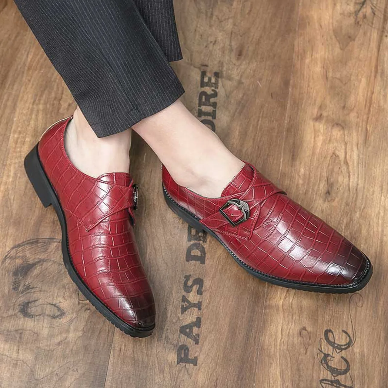 Red retro monk strap croc skin pattern slip on dress shoe