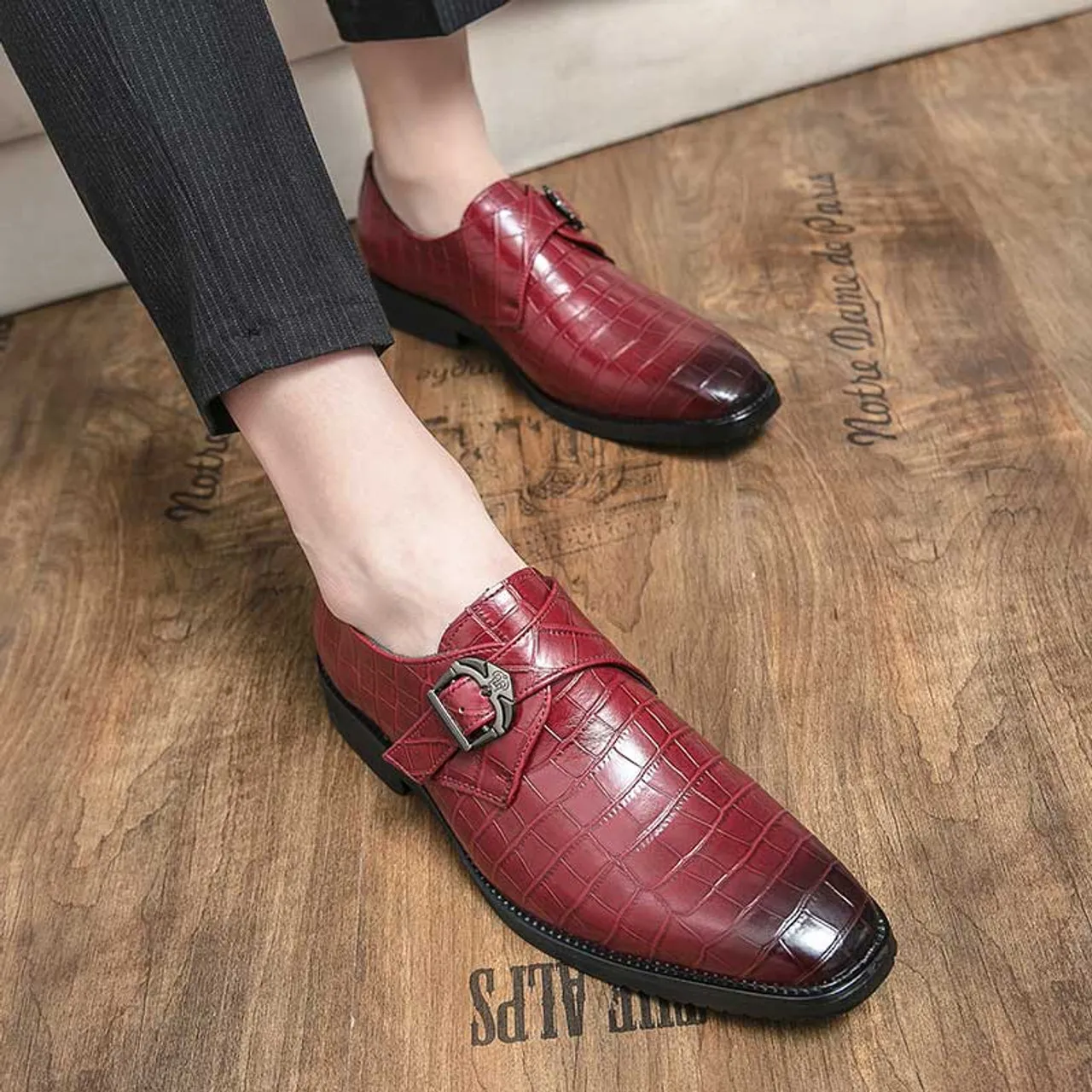 Red retro monk strap croc skin pattern slip on dress shoe