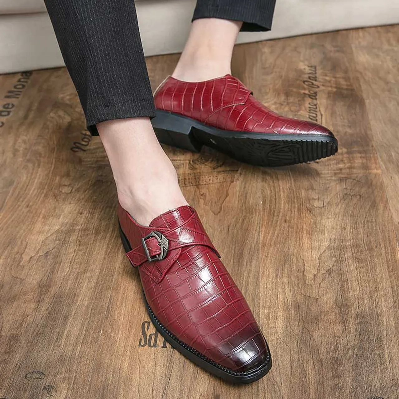 Red retro monk strap croc skin pattern slip on dress shoe