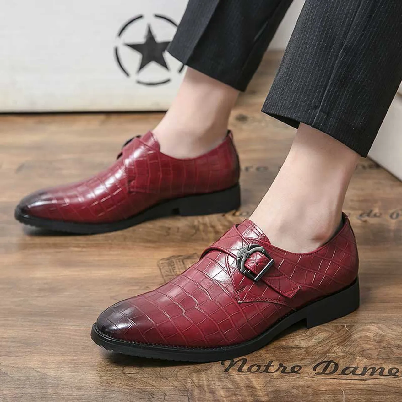 Red retro monk strap croc skin pattern slip on dress shoe