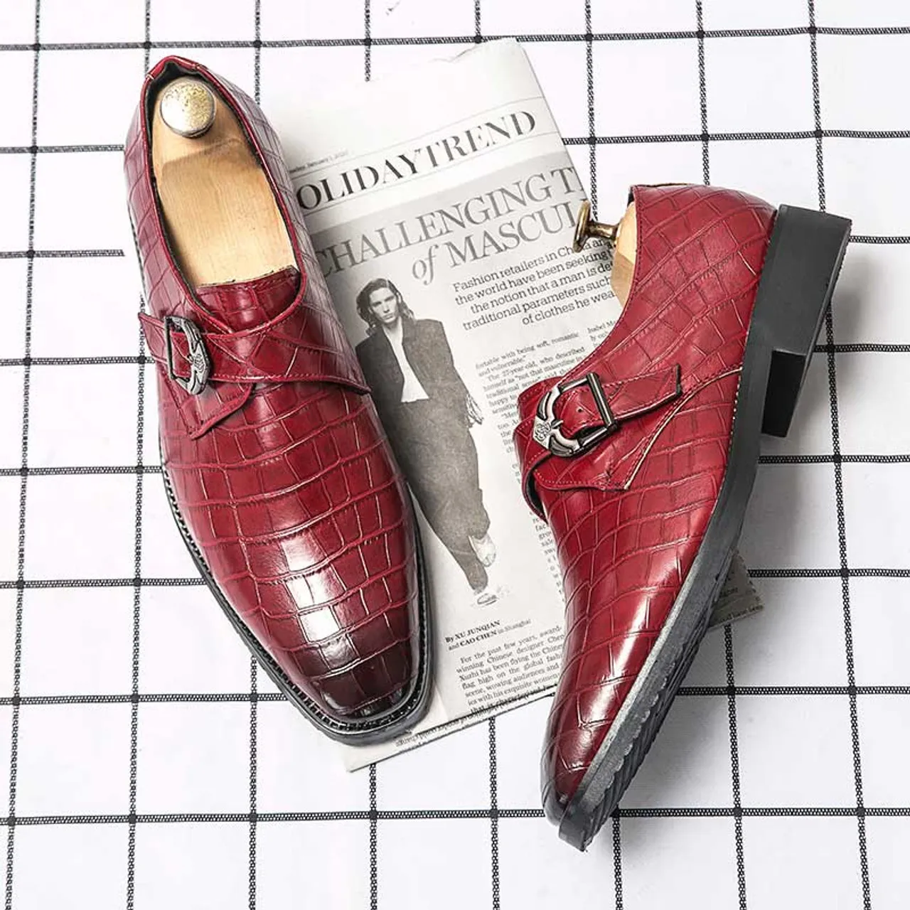 Red retro monk strap croc skin pattern slip on dress shoe