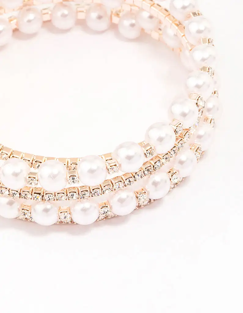 Rose Gold Pearl & Diamante Wrapped Bracelet