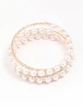 Rose Gold Pearl & Diamante Wrapped Bracelet