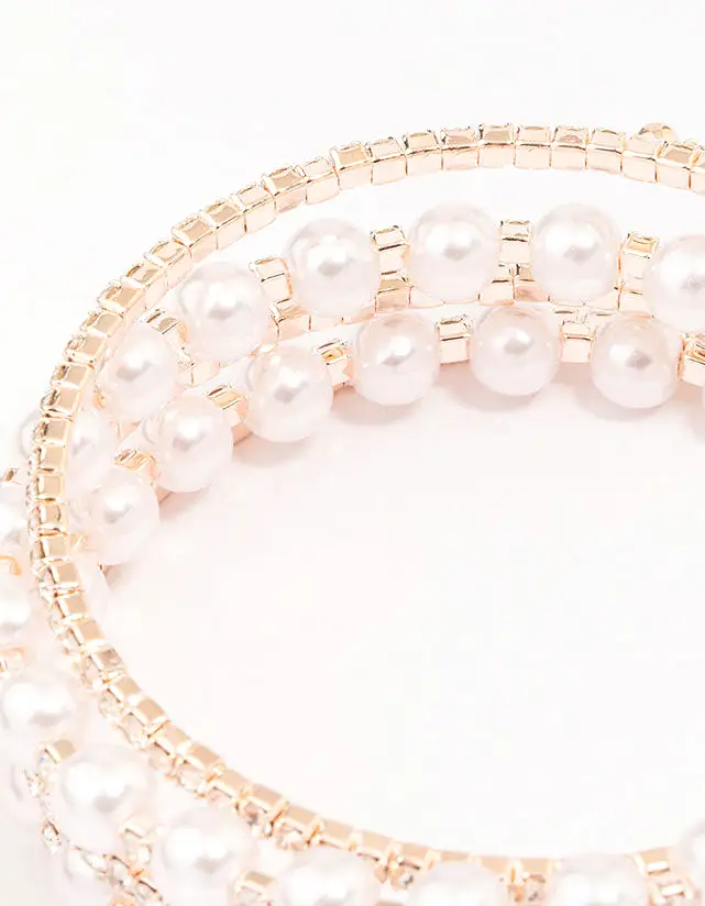 Rose Gold Pearl & Diamante Wrapped Bracelet