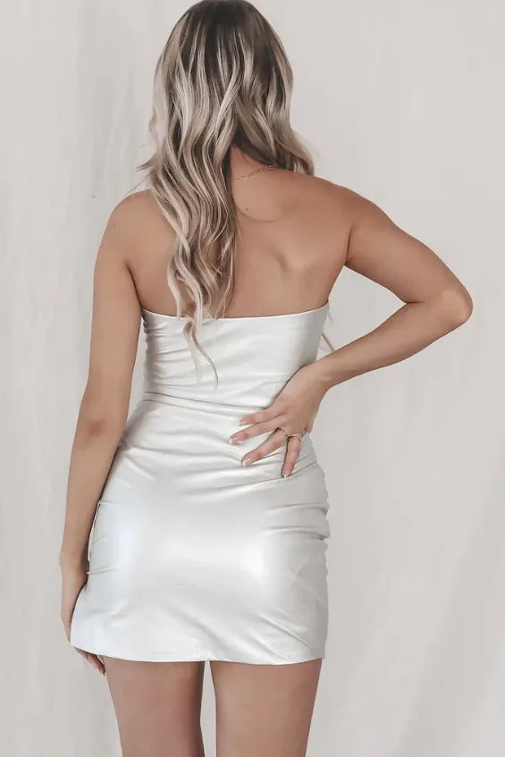 Silver Vegan Leather Ruched Strapless Dress