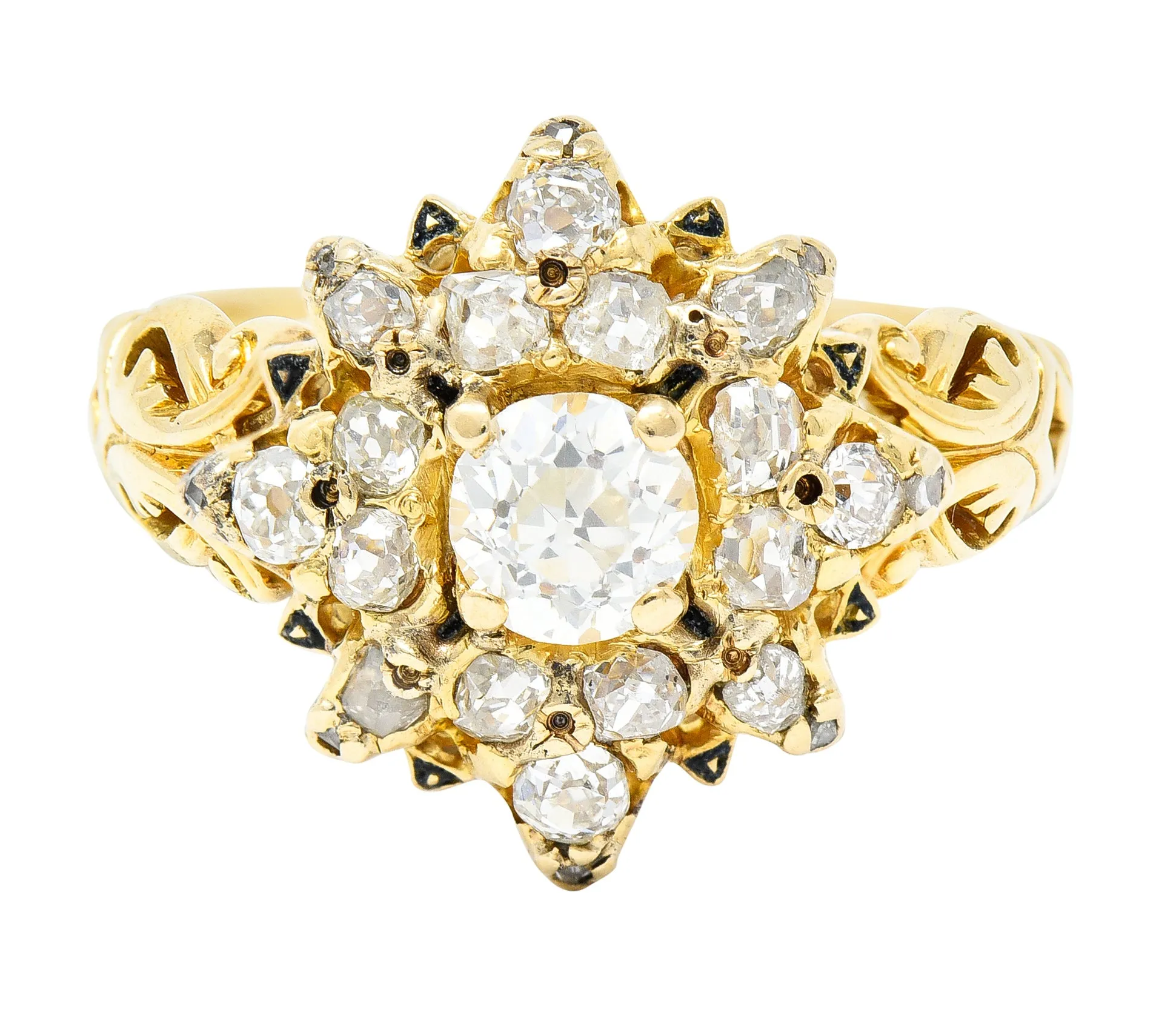 Victorian 1.12 CTW Old European Cut Diamond Enamel 14 Karat Yellow Gold Starburst Antique Cluster Ring