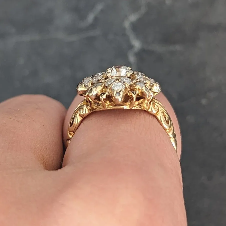 Victorian 1.12 CTW Old European Cut Diamond Enamel 14 Karat Yellow Gold Starburst Antique Cluster Ring