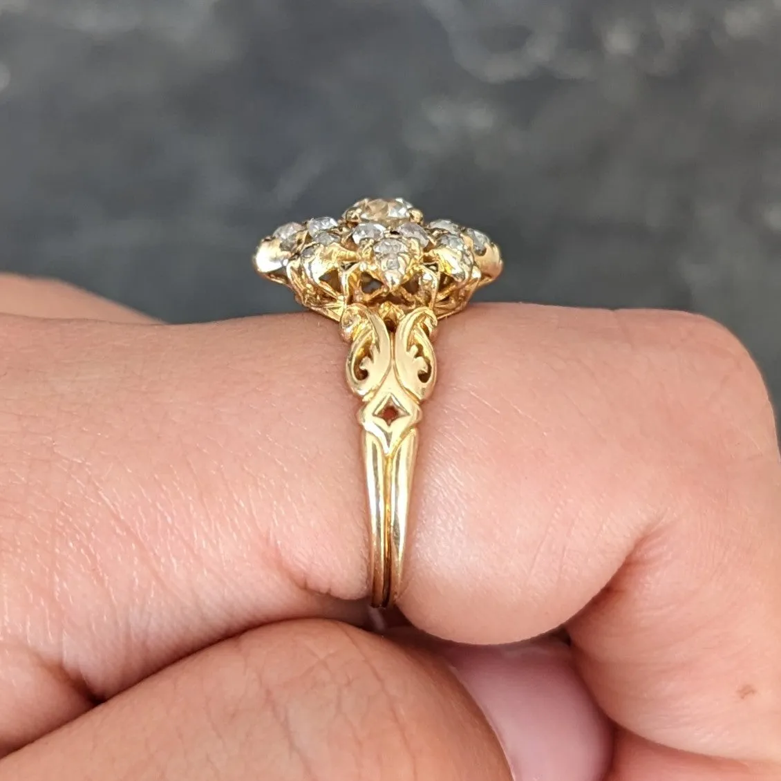 Victorian 1.12 CTW Old European Cut Diamond Enamel 14 Karat Yellow Gold Starburst Antique Cluster Ring