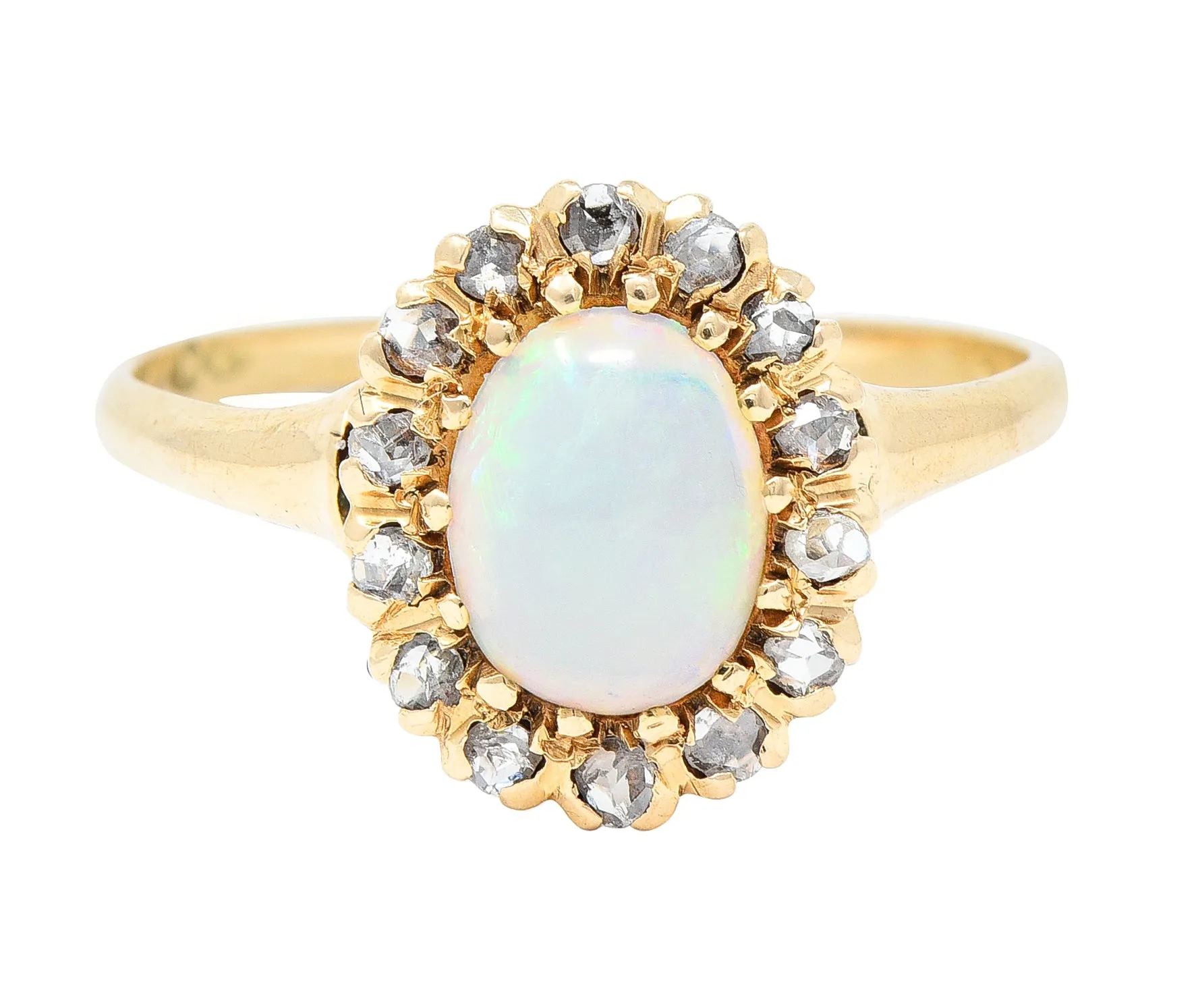 Victorian Opal Cabochon Diamond 14 Karat Yellow Gold Antique Halo Ring