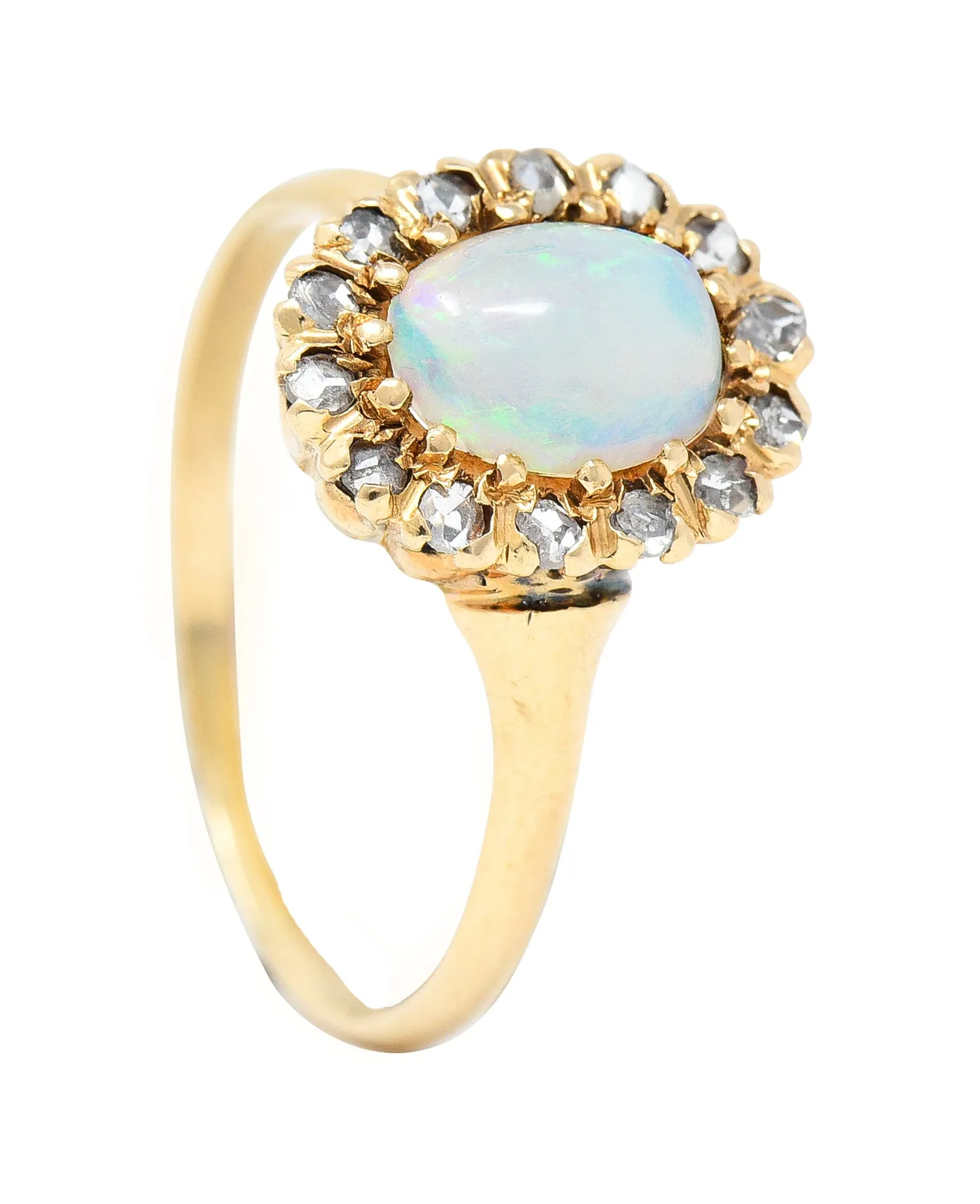 Victorian Opal Cabochon Diamond 14 Karat Yellow Gold Antique Halo Ring