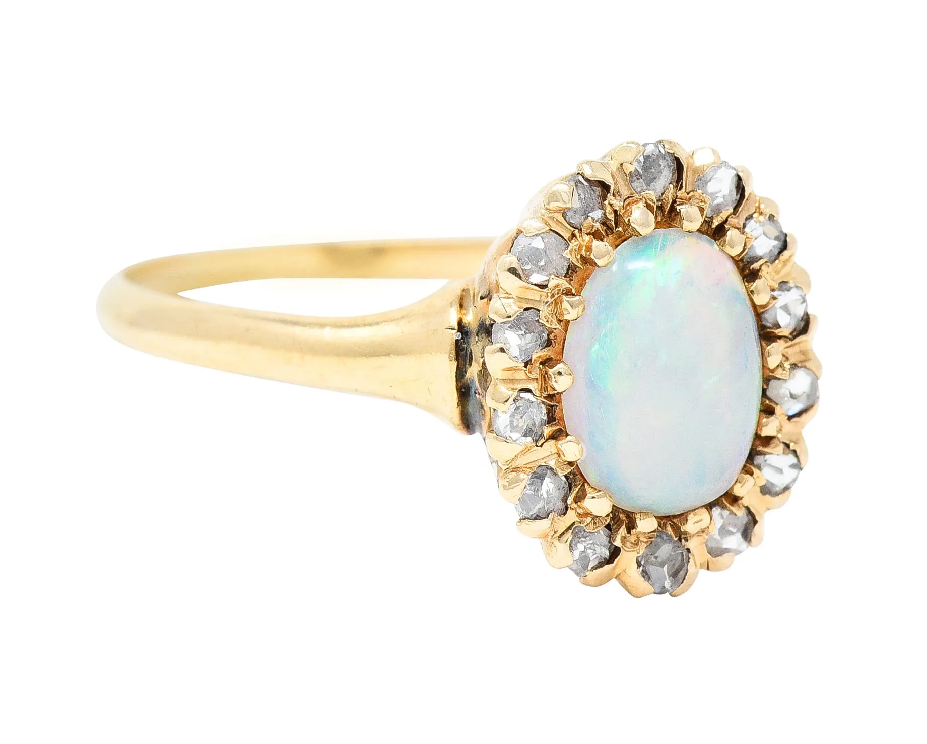 Victorian Opal Cabochon Diamond 14 Karat Yellow Gold Antique Halo Ring