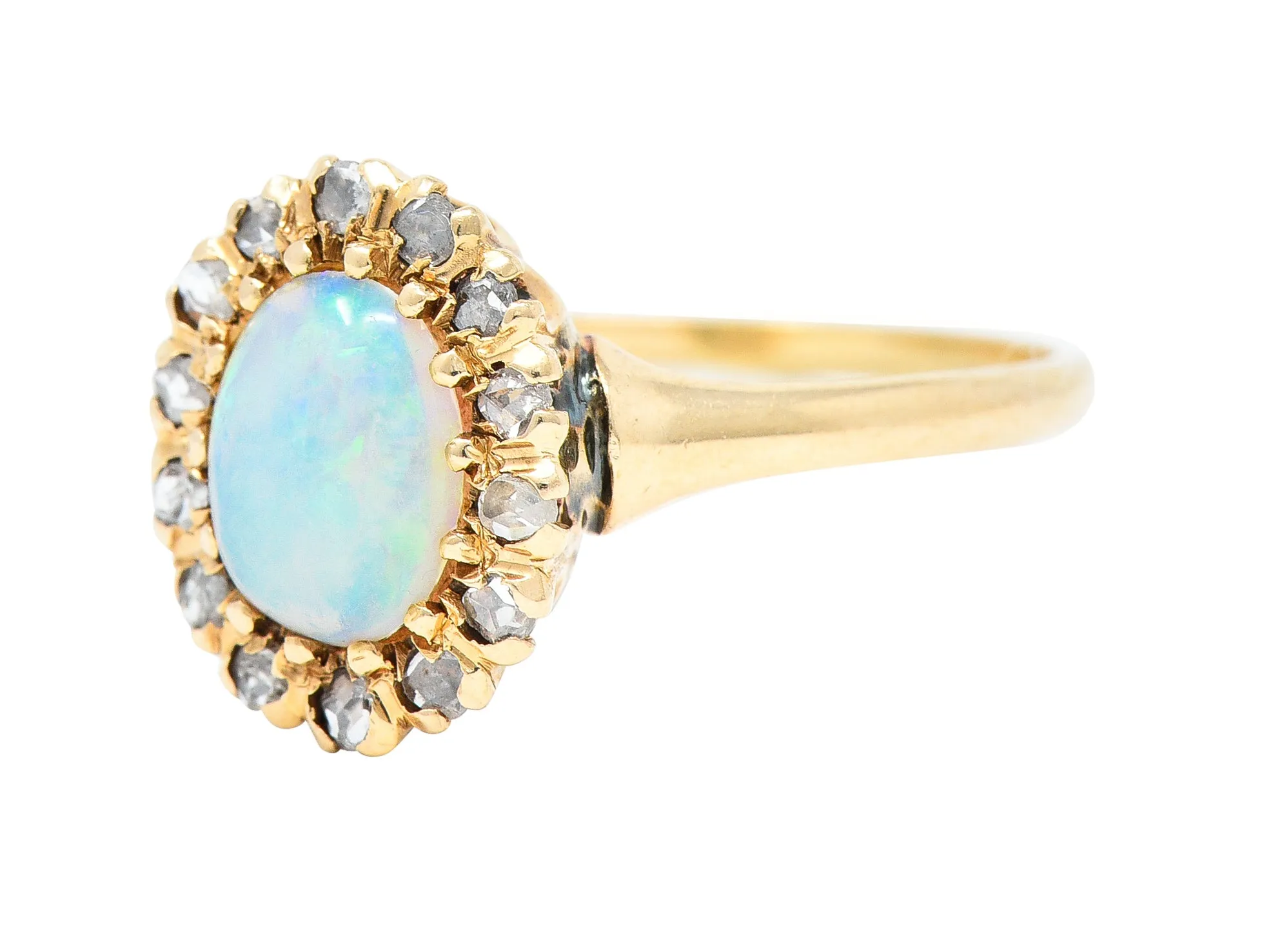 Victorian Opal Cabochon Diamond 14 Karat Yellow Gold Antique Halo Ring