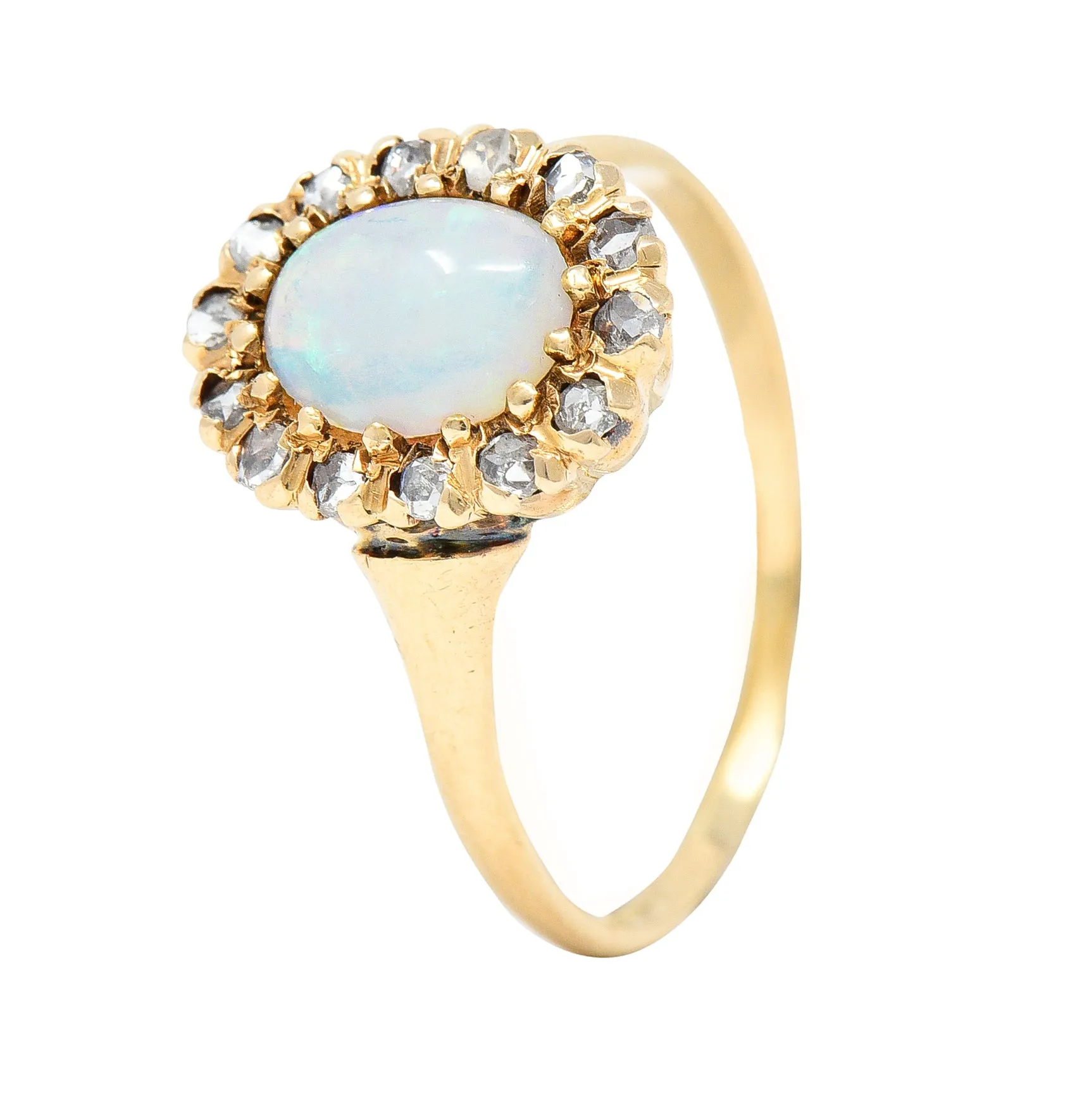 Victorian Opal Cabochon Diamond 14 Karat Yellow Gold Antique Halo Ring