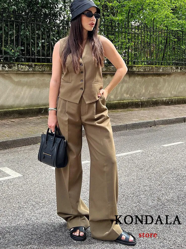 Vintage Office Lady Fashion 2023 Solid Khaki Women Chic Suits Long Sleeve Oversized Blazer Slim Vest Wide Leg Mop Pants