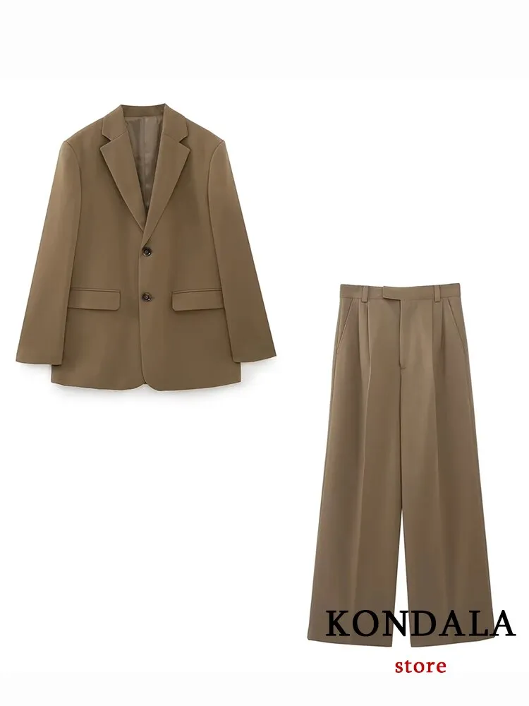 Vintage Office Lady Fashion 2023 Solid Khaki Women Chic Suits Long Sleeve Oversized Blazer Slim Vest Wide Leg Mop Pants