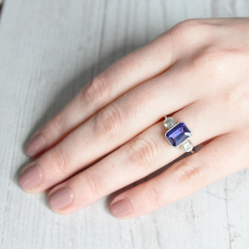 Vintage Style 2.20 Carat Tanzanite and Diamond Three Stone