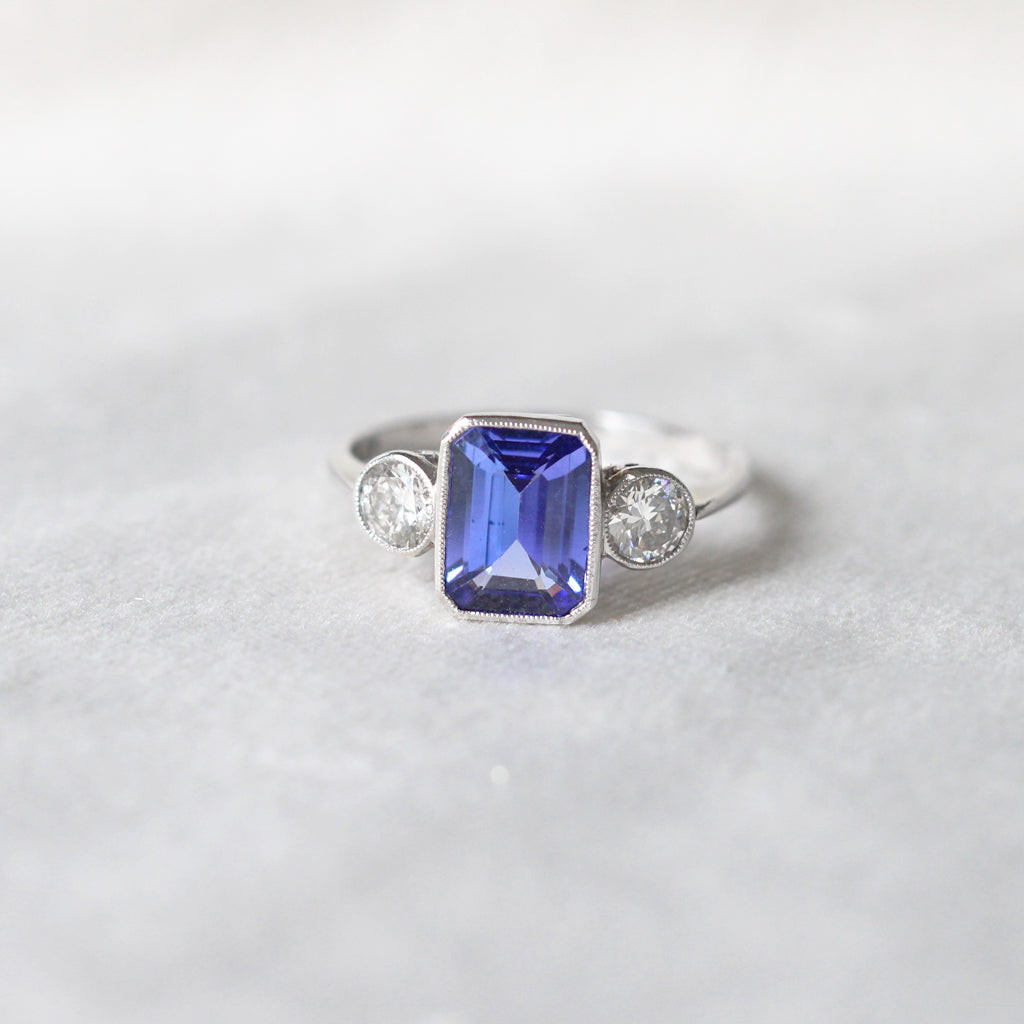 Vintage Style 2.20 Carat Tanzanite and Diamond Three Stone