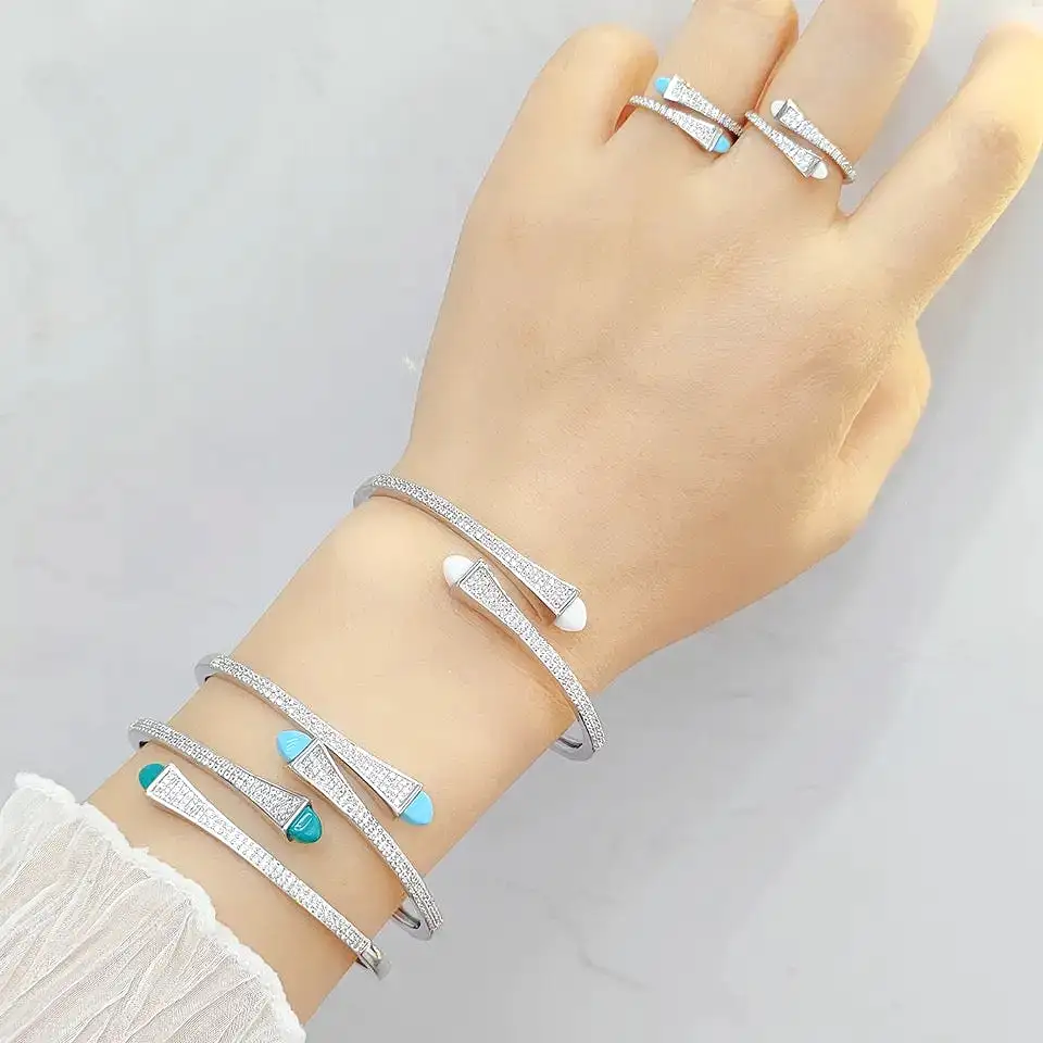 Women Fashion Bracelet & Ring Set Candy color stone Simple Open Cuff Bangle