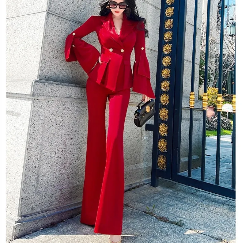 Women's Casual Notched Collar High Waist Long Sleeves Two Piece Set