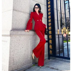 Women's Casual Notched Collar High Waist Long Sleeves Two Piece Set