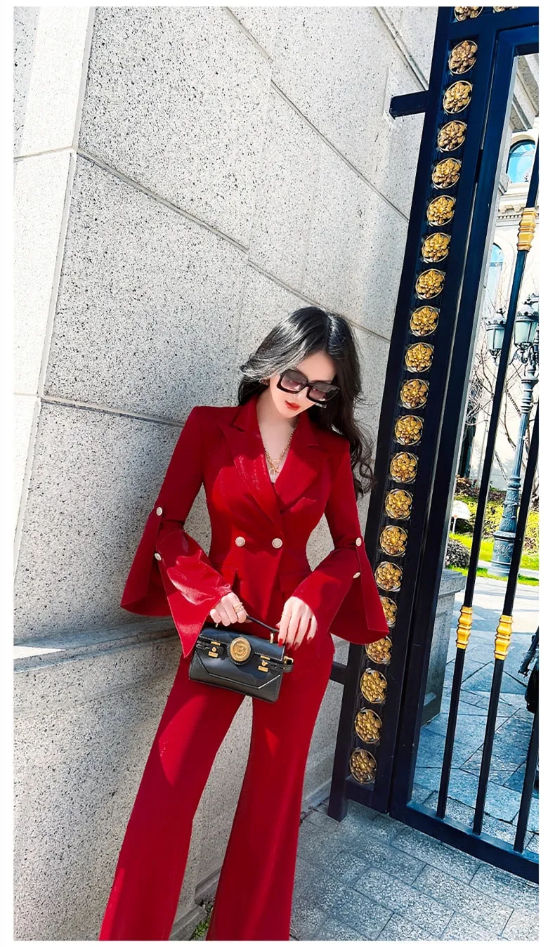 Women's Casual Notched Collar High Waist Long Sleeves Two Piece Set