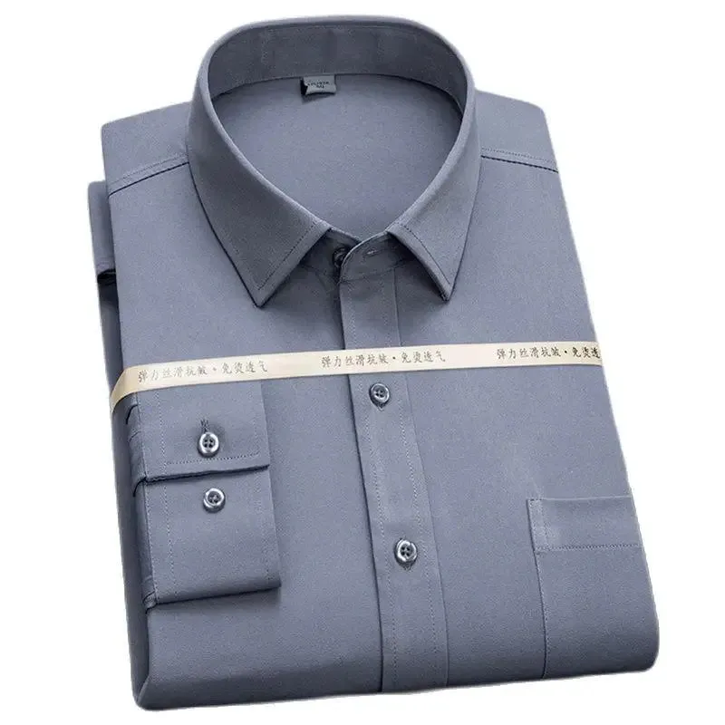 Xituodai Men Business Office Long Sleeve Standard Stretch Casual Shirts Classic Stretchy Silky Non-iron Dress Shirt Pocketless