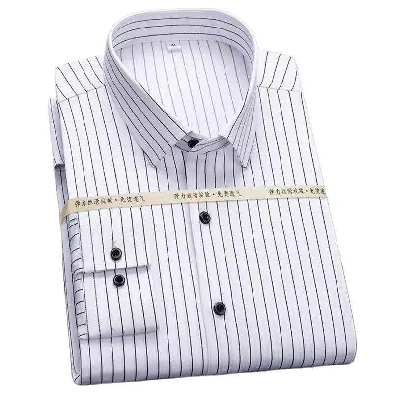 Xituodai Men Business Office Long Sleeve Standard Stretch Casual Shirts Classic Stretchy Silky Non-iron Dress Shirt Pocketless