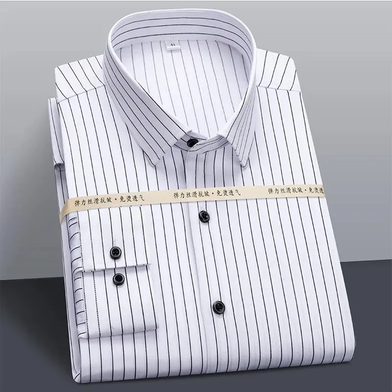 Xituodai Men Business Office Long Sleeve Standard Stretch Casual Shirts Classic Stretchy Silky Non-iron Dress Shirt Pocketless